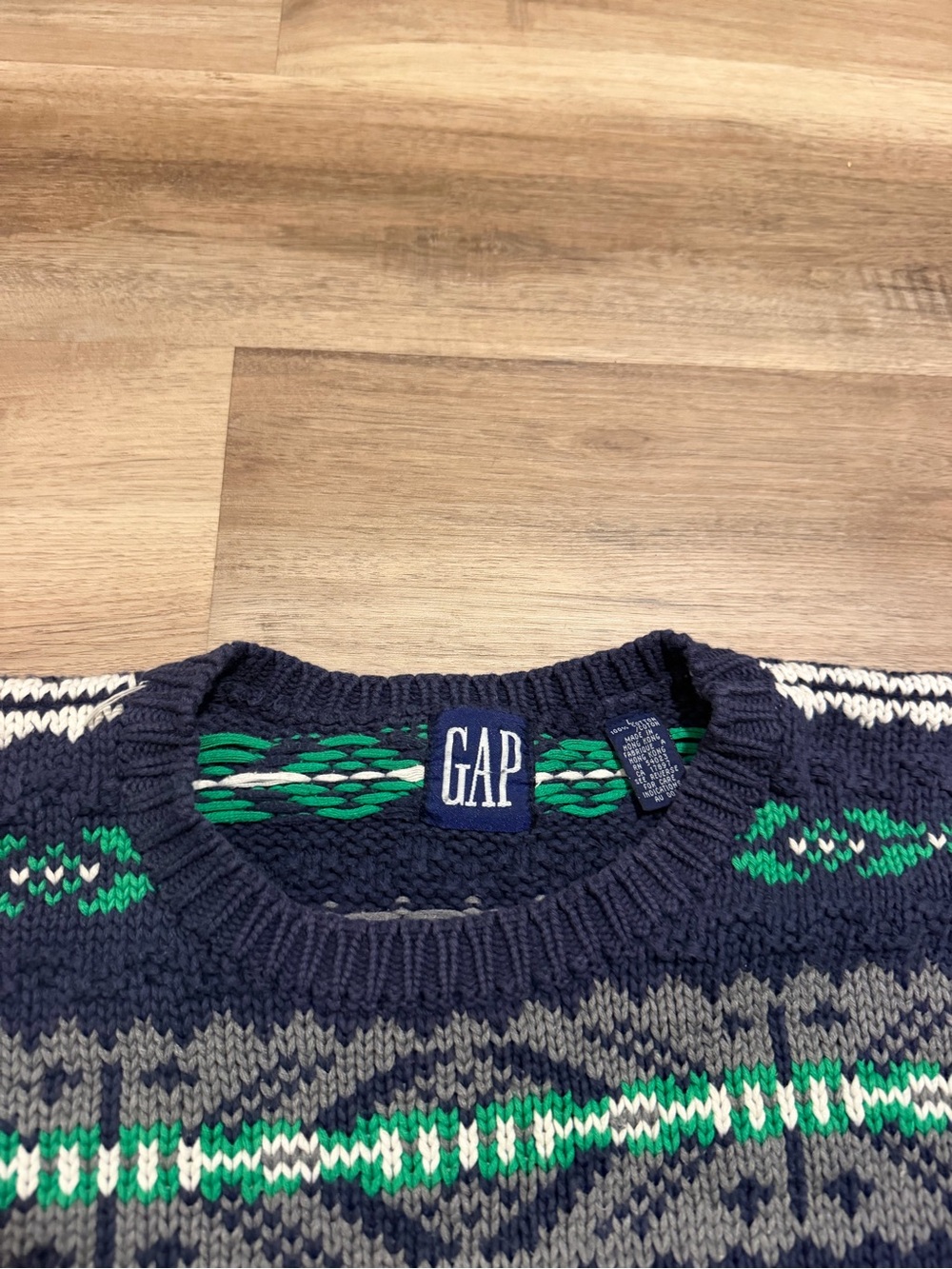 Vtg GAP Fair Isle Chunky Knit Sweater Men's L Blue Green 100% Cotton Crewneck - Picture 3 of 8